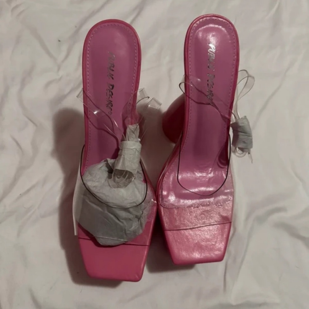 Public Desire Pink Clear-Strap Square Toe Block Heel Mules